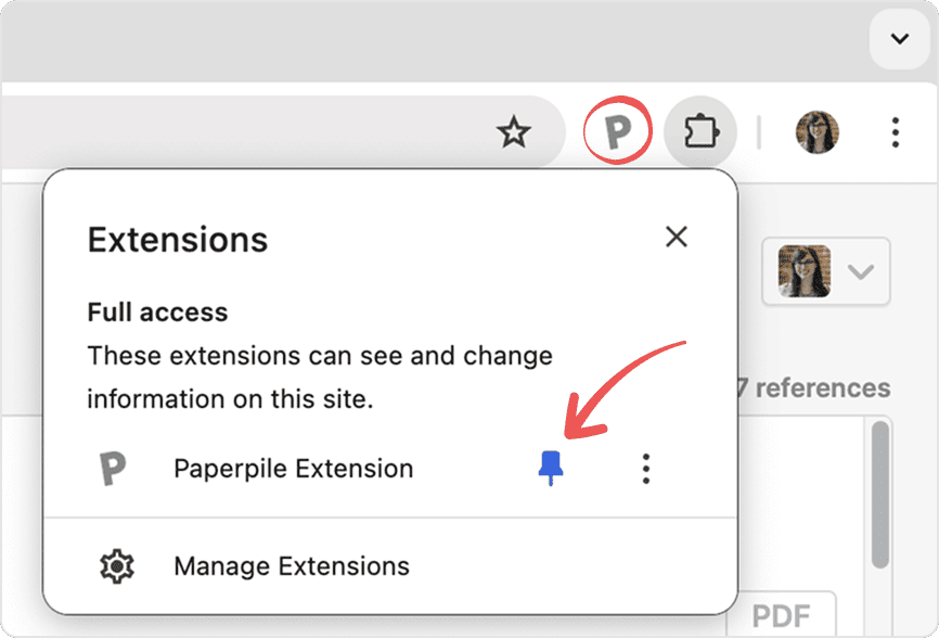 The Chrome Extensions menu open in the toolbar, listing “Paperpile Extension” with a blue pin icon under “Full access”, above “Manage Extensions”.